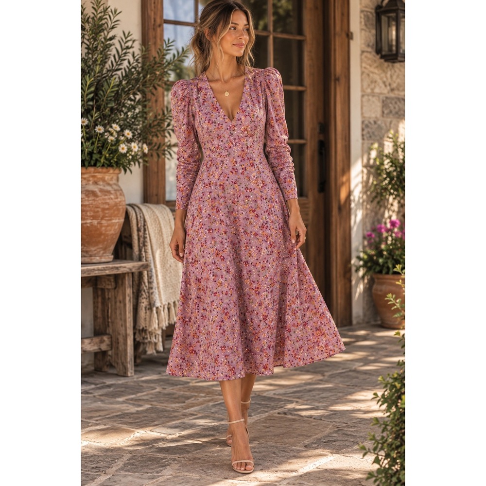 ASTR The Label Purple Peach Floral V-Neck Midi Dress Long Sleeve ADR101215 L